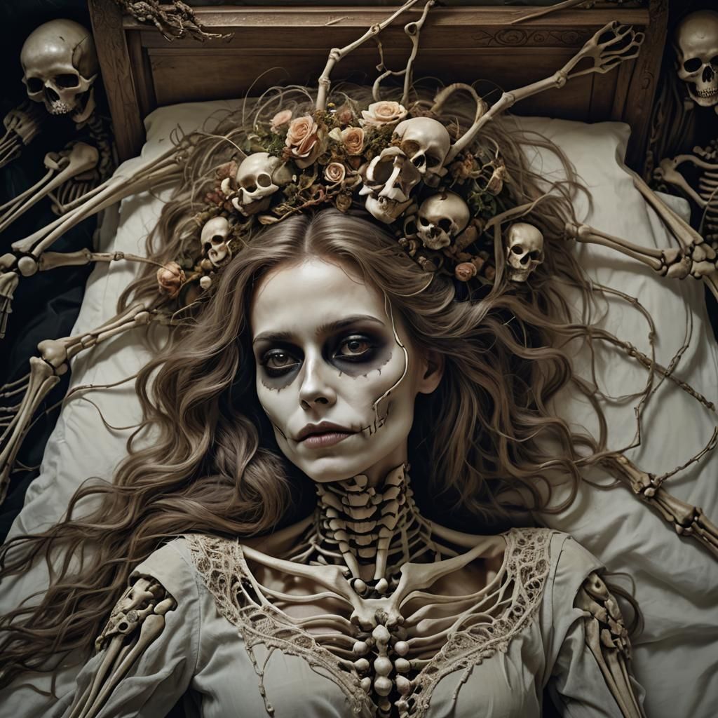 Woman's Skeletal Transformation on Deathbed: Digital Art