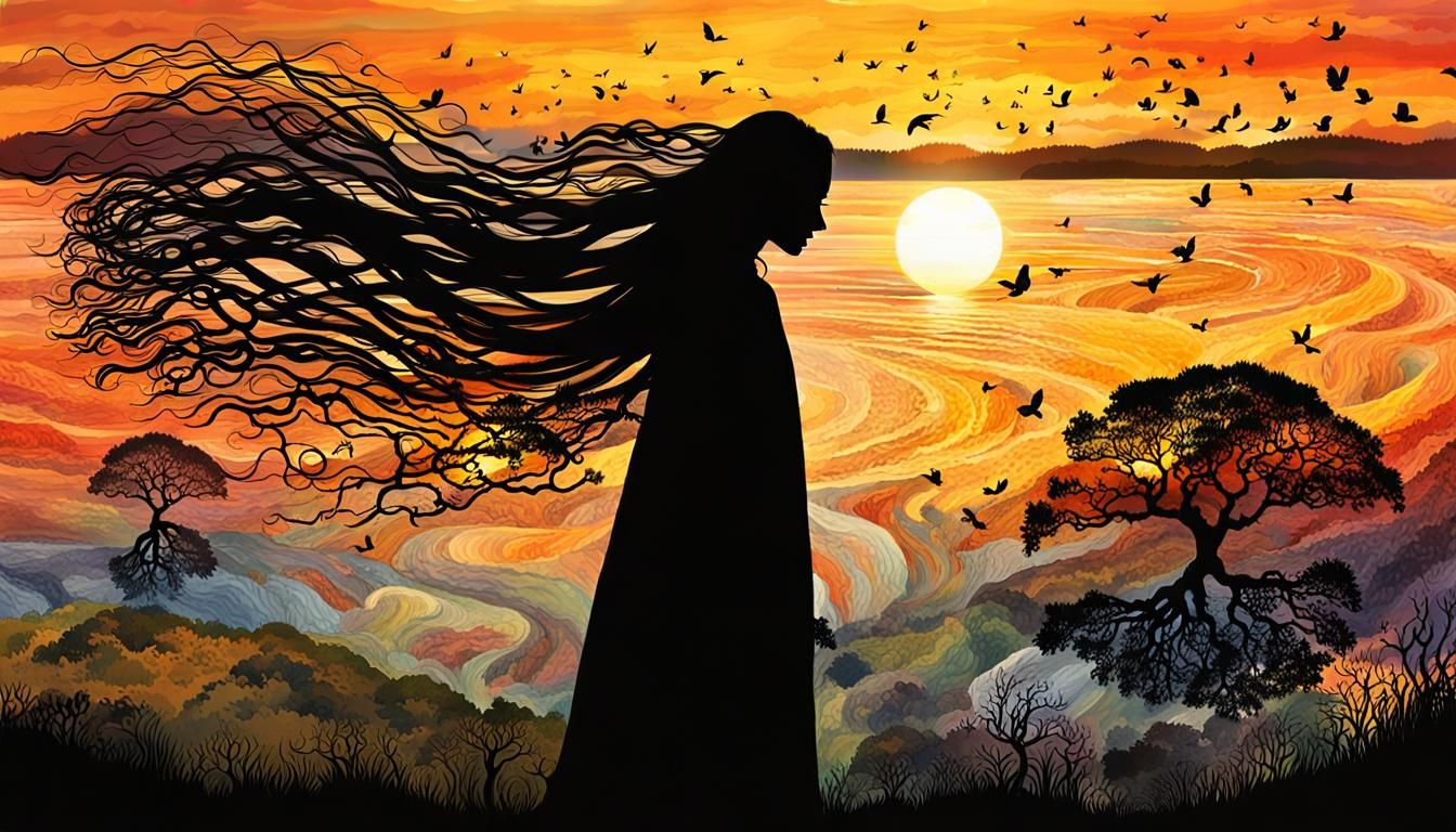 Dreamlike Collage of Woman in Nature at Sunset