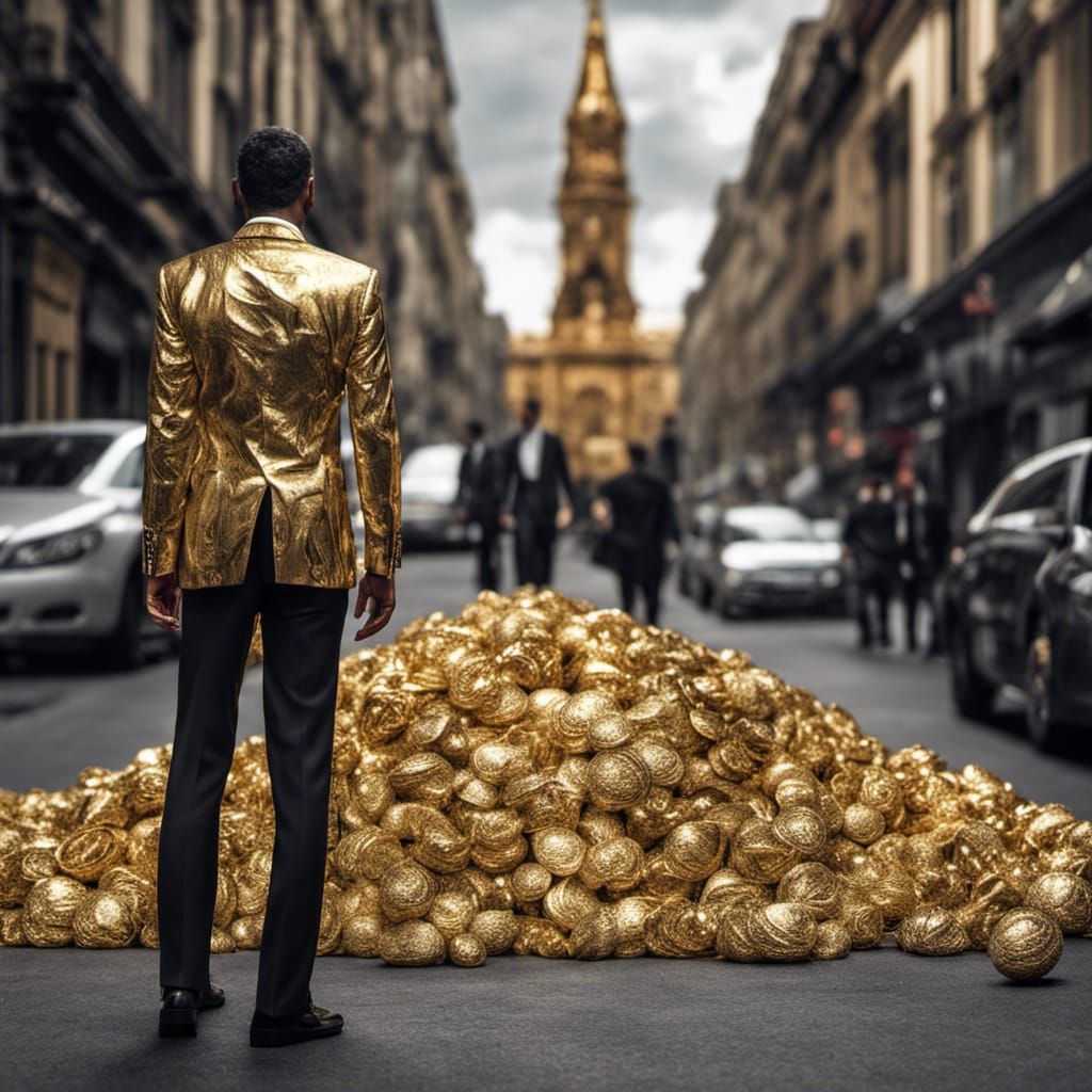 Man in Suit Stands on Street of Gold