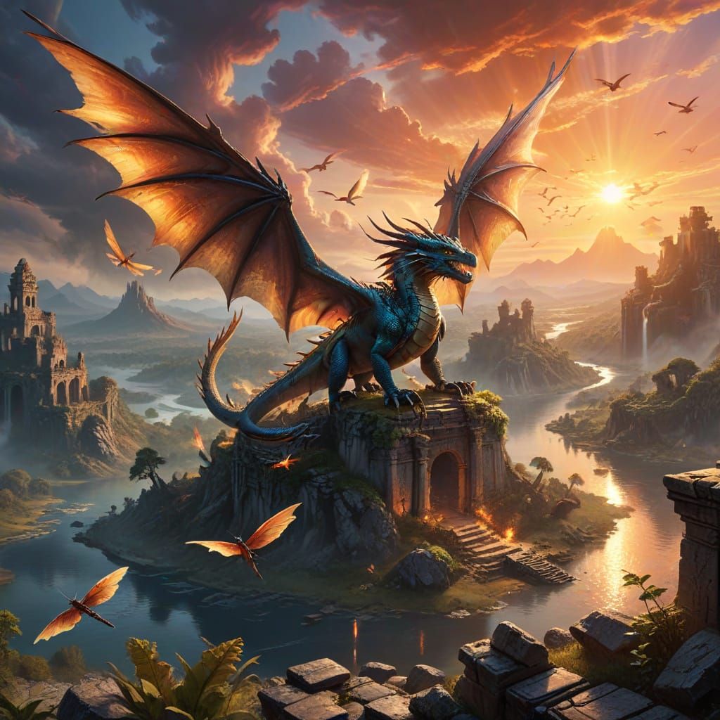 Majestic Dragon Over Fantasy Landscape in Painterly Style