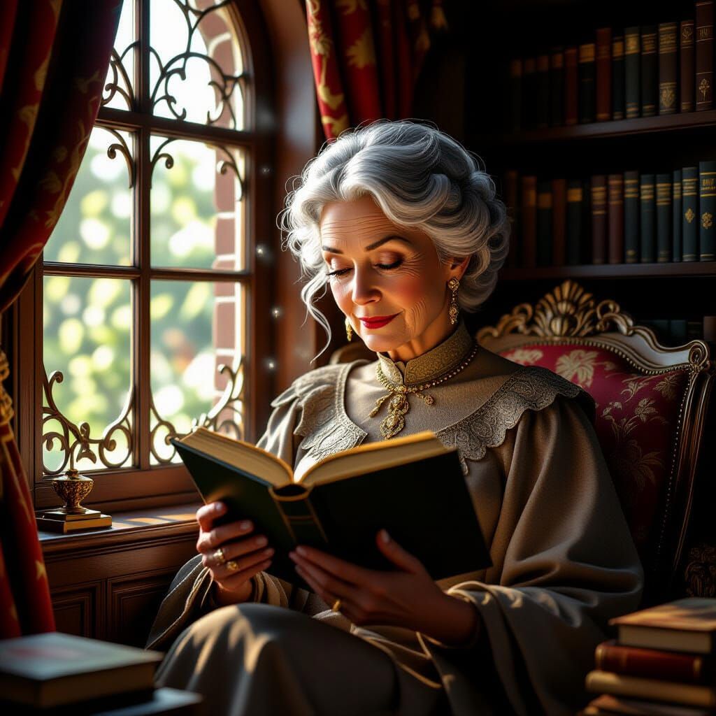 pretty older woman reading in her cozy reading nook