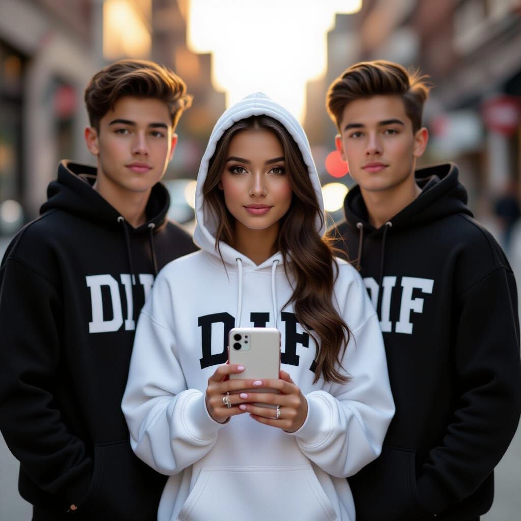 Girl and Brothers in Matching "DIF" Hoodies Holding Samsung ...