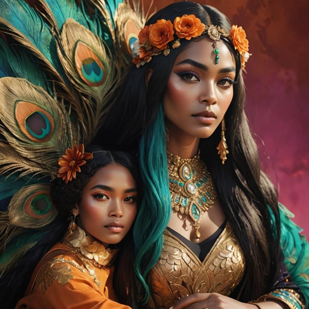 Fantasy Women with Metallic Gold Skin and Peacock Feathers