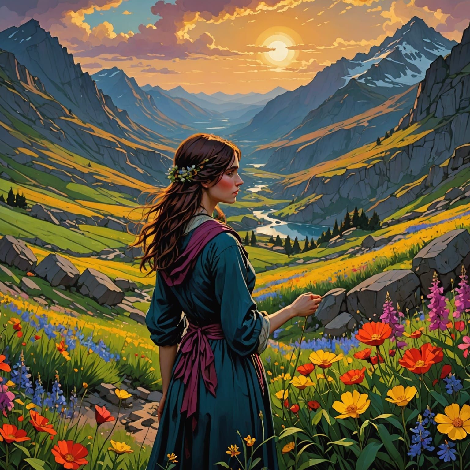 Ethereal Mountainscape in Vibrant Chiaroscuro Style