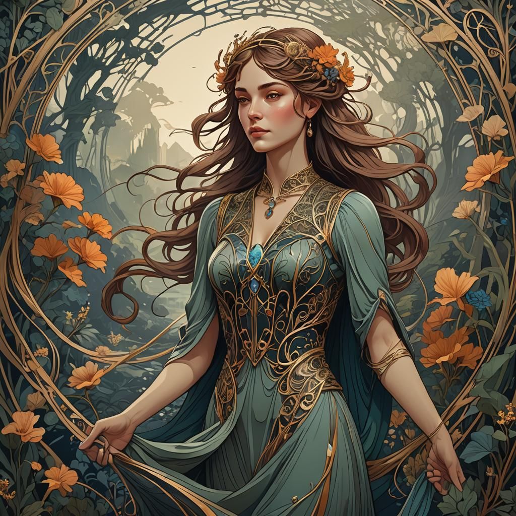 Art Nouveau Woman in Nature: Detailed Illustration