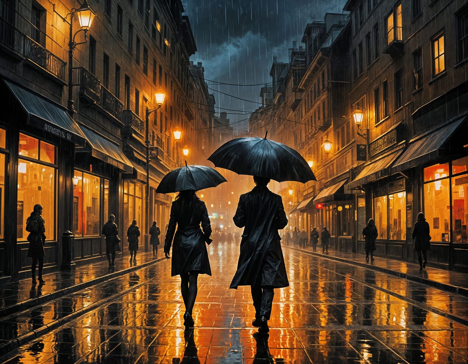 Woman in Rainy City Street: Impasto Oil Painting