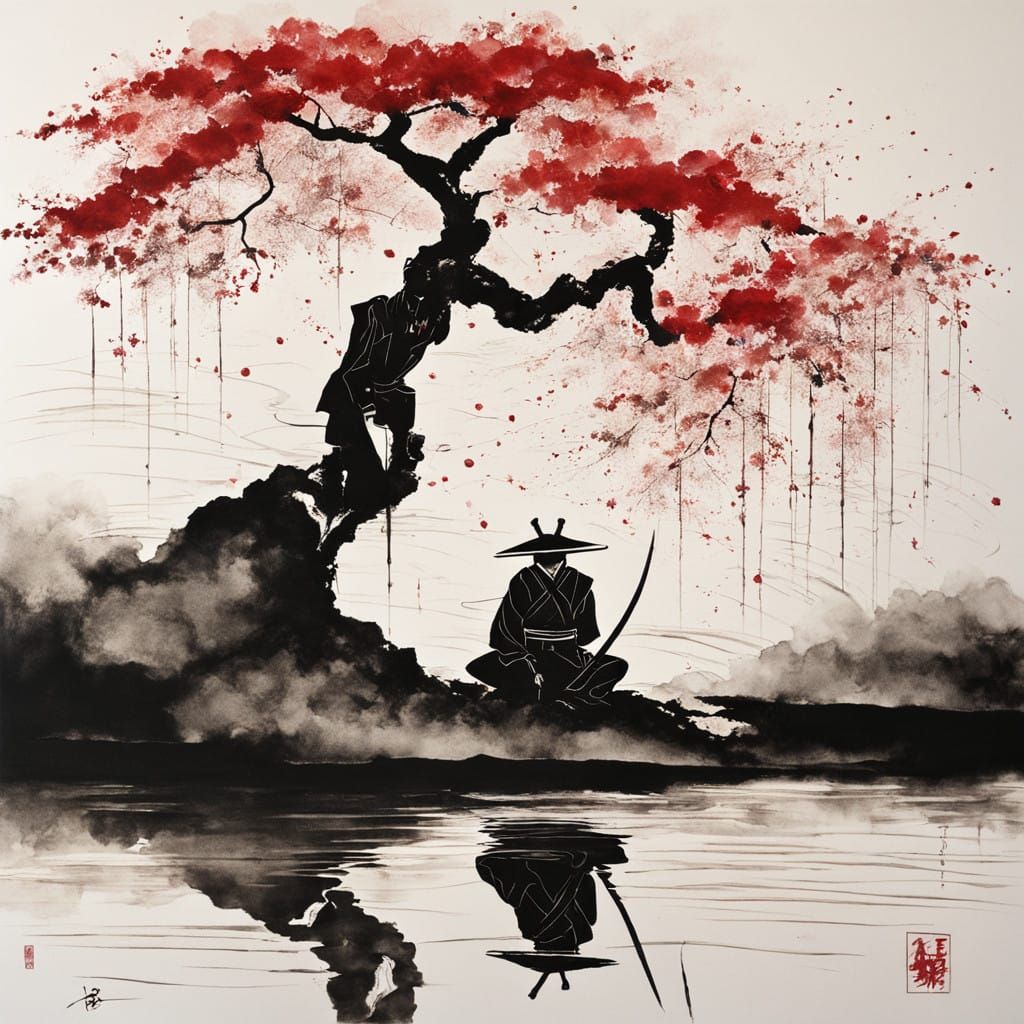 Elegant Samurai in Stormy Waters