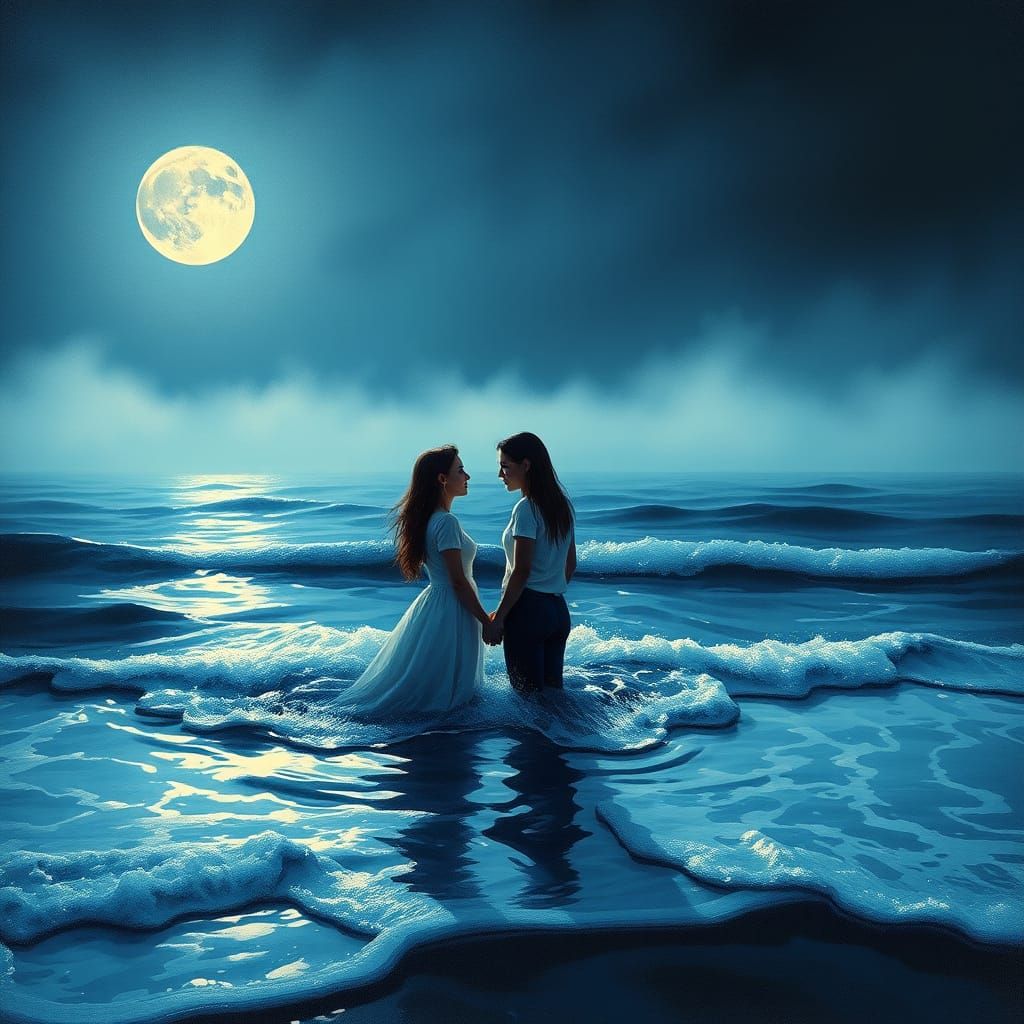 Dreamlike Moment of Separation in Moonlit Ocean