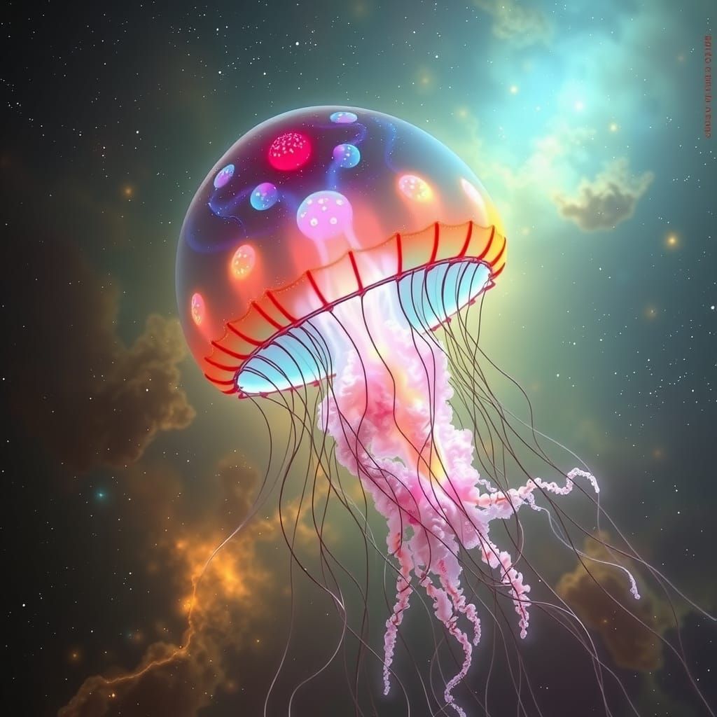 Bioluminescent Jellyfish in Cosmic Nebula, Surreal Art