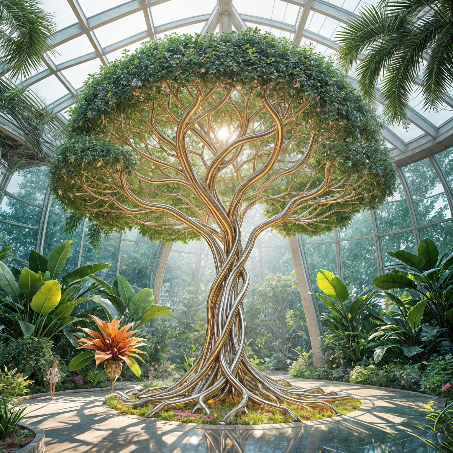 Futuristic Chrome Tree of Life in Botanical Garden