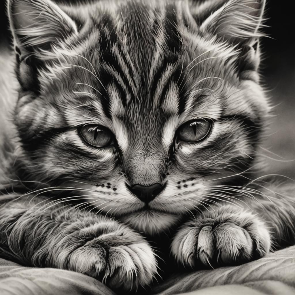 Hyperdetailed Charcoal Portrait of Sleeping Kitten