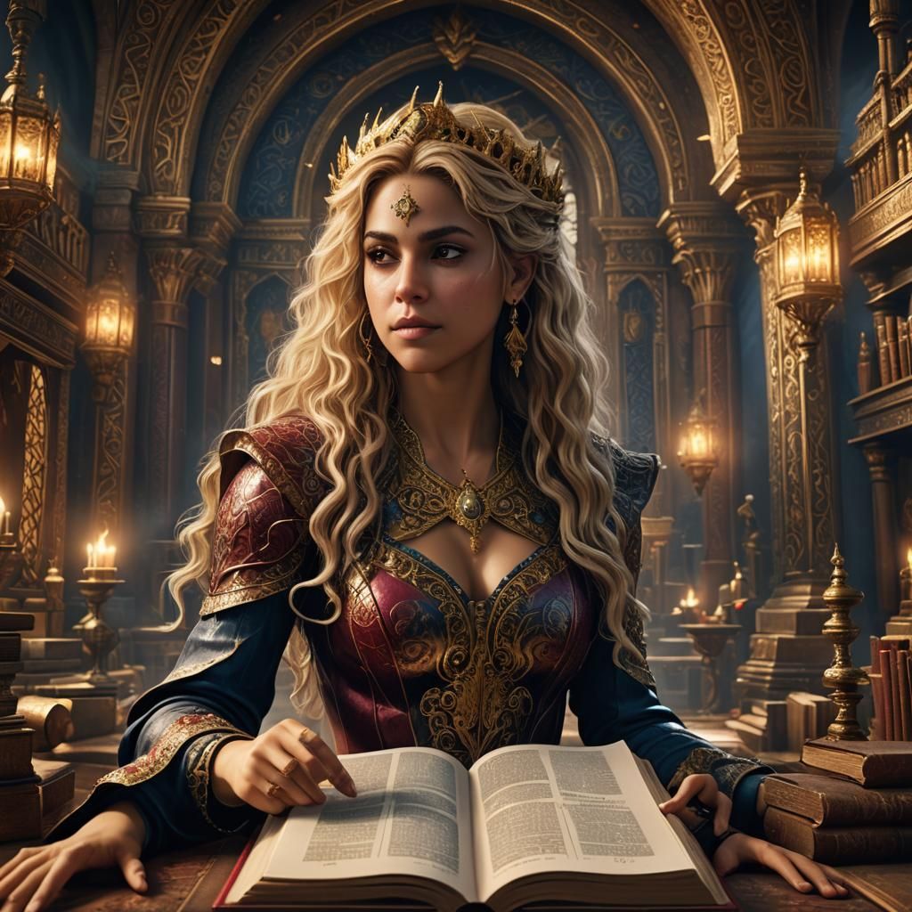 Shakira Reading Illuminated Book: Detailed Matte Painting