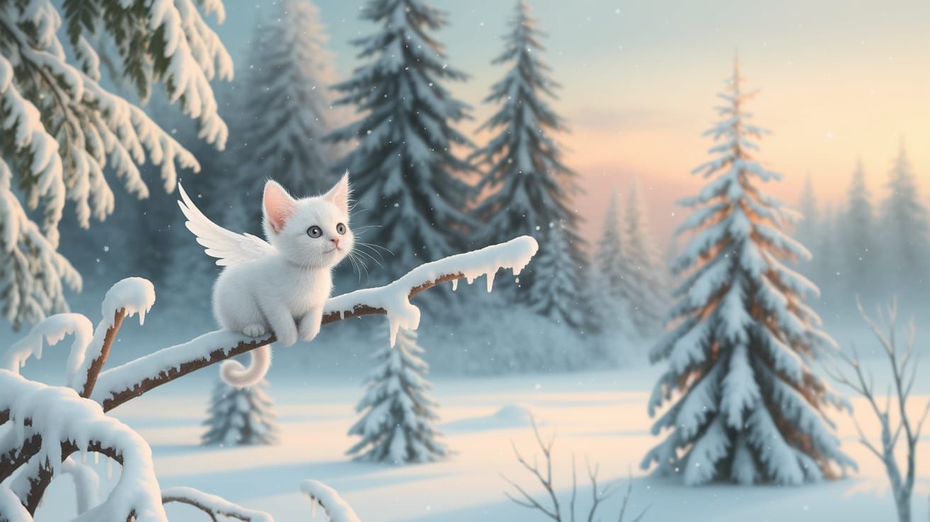 A tiny, smiling,  serene albino white kitten with large feathery soft white angel wings and piercing black eyes sits poi...