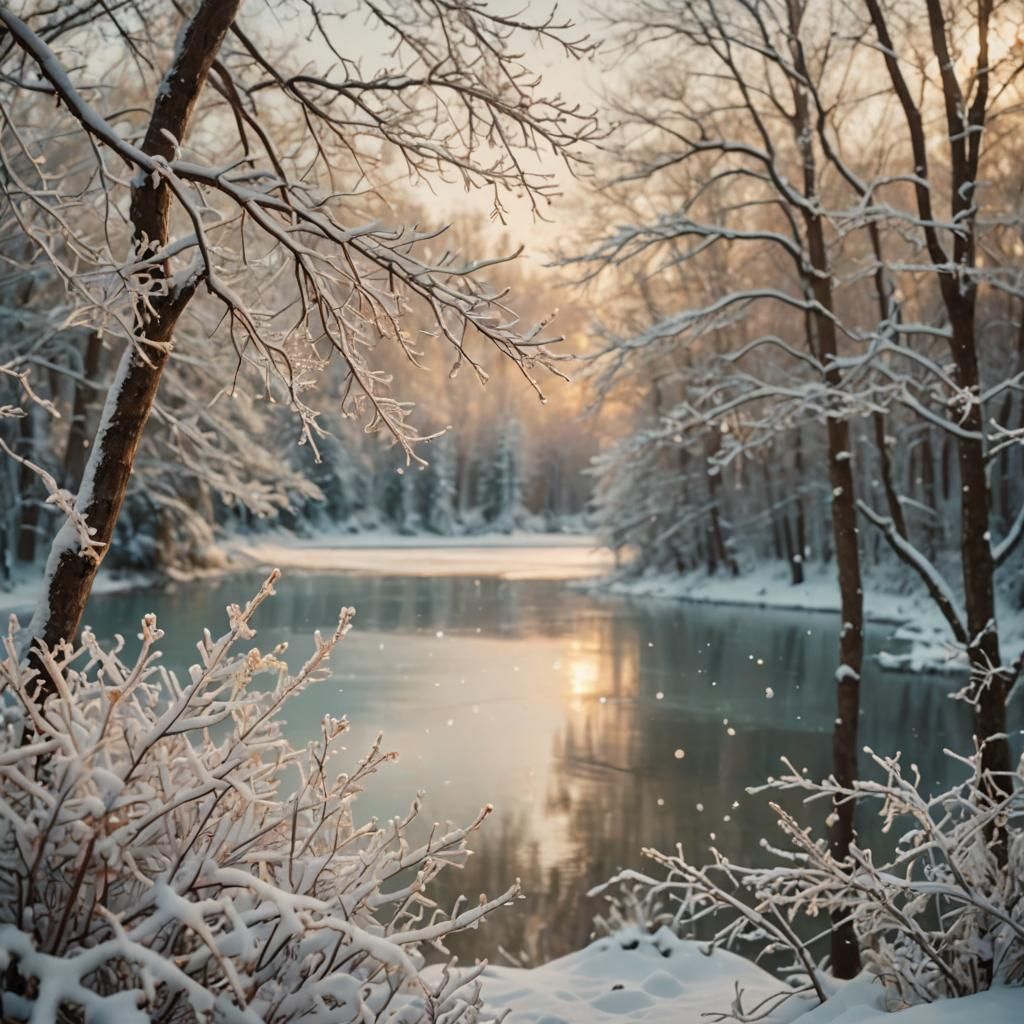 Serene Winter Wonderland Landscape with Golden Light