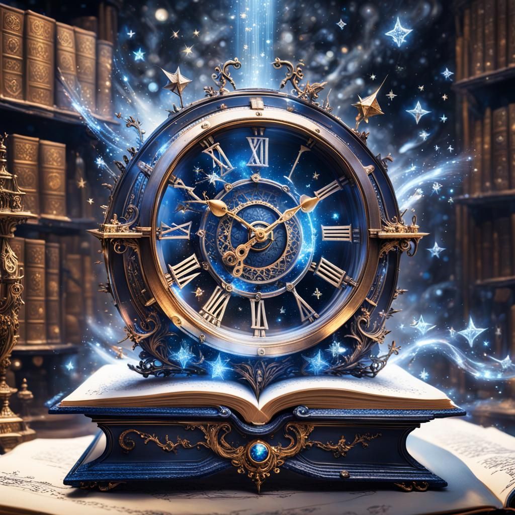 Sci-Fi Clock Emerges from Book with Fireworks