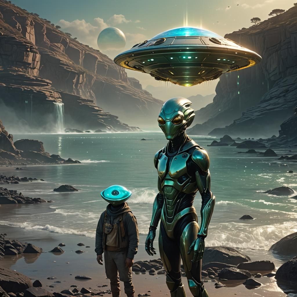 Alien with Frog Mask Beside UFO: Fantasy Concept Art