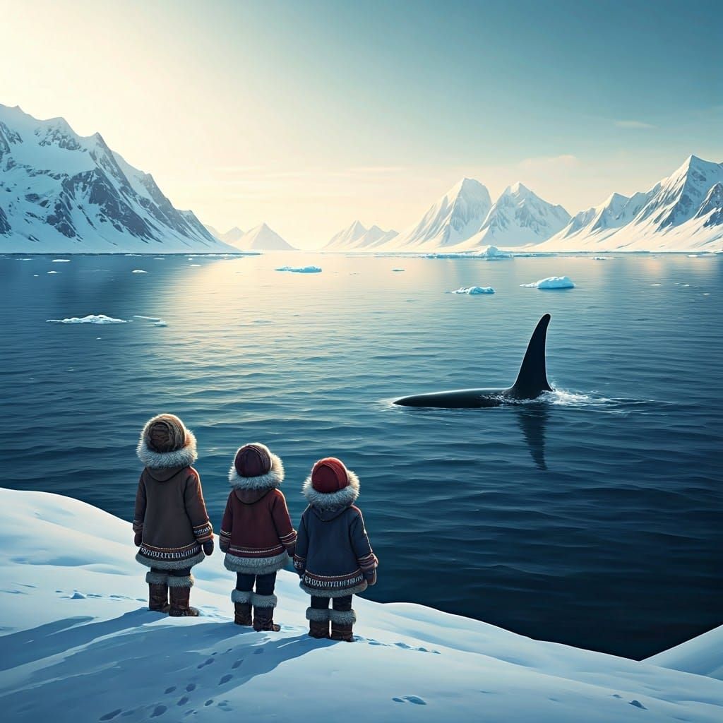 Inuit Children Gaze at Orca in Arctic Landscape