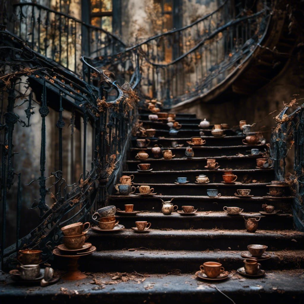 Broken Staircase with Teacups in Hyperreal Style