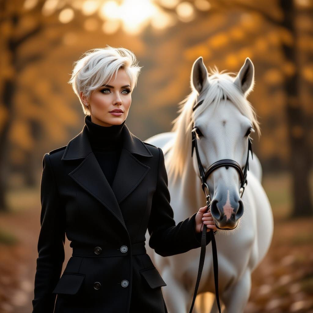 Woman With White Horse in Autumn Forest