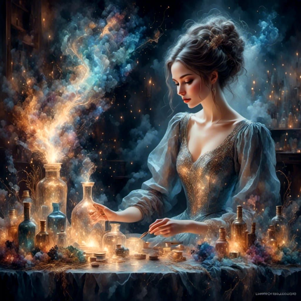 Luminous Alchemist Creating Potions with Electrical Sparkles