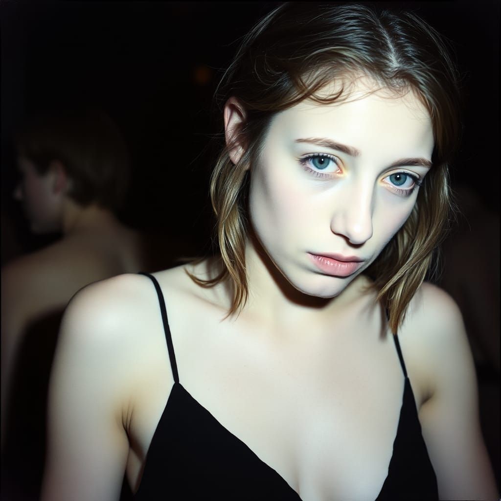 Tired Dancer Portrait in Dark Club, Arbus Style