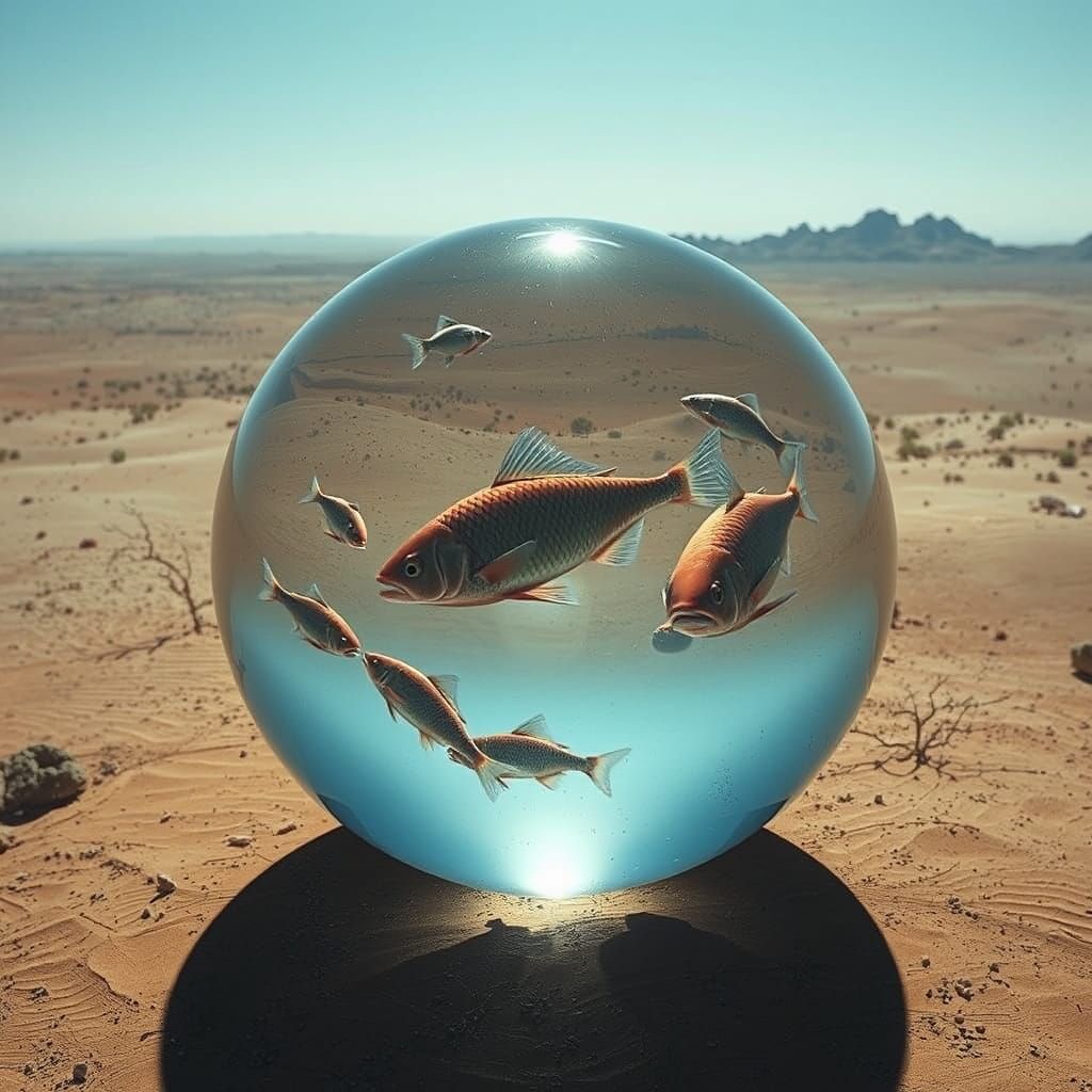 Surreal Desert Sphere with Fish, Hyperrealistic