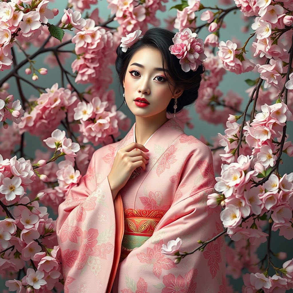Woman in Kimono Surrounded by Pastel Blooms