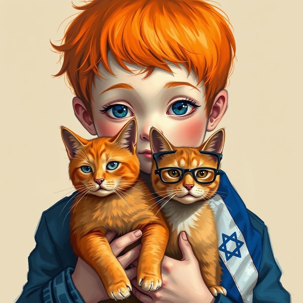 Boy with Cat and Israeli Flag: Abstract Art