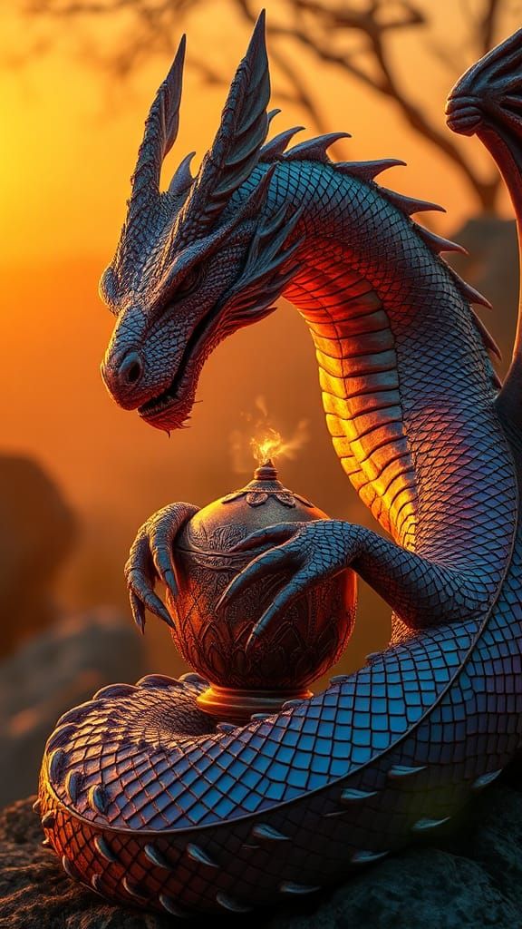 Iridescent Dragon Guarding Artifact in Hyperrealistic Detail