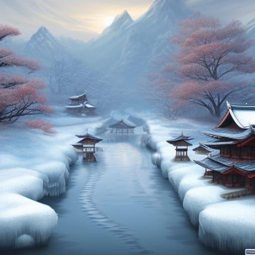 Winter Samurai Village at Sunrise: Detailed Matte Painting