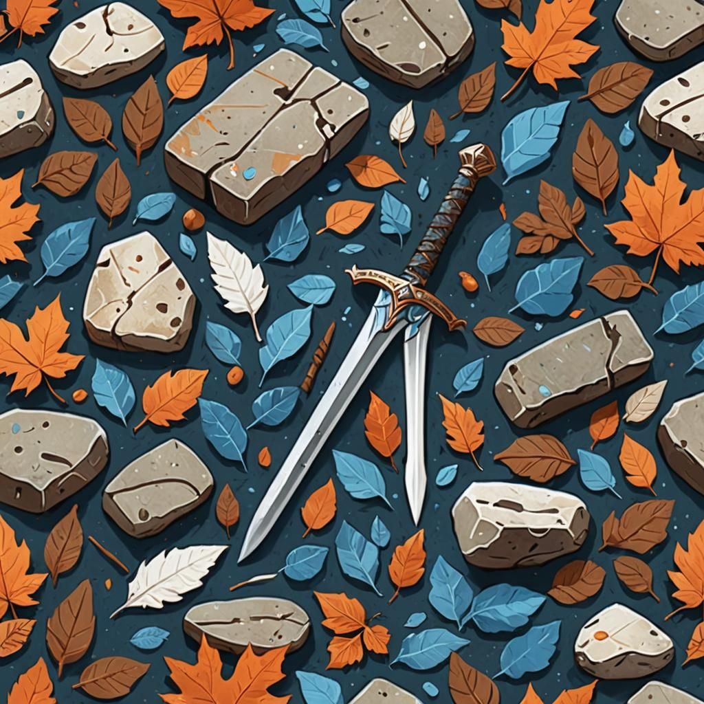 Adventurous Scene with Sword, Bow, and Stone Structure