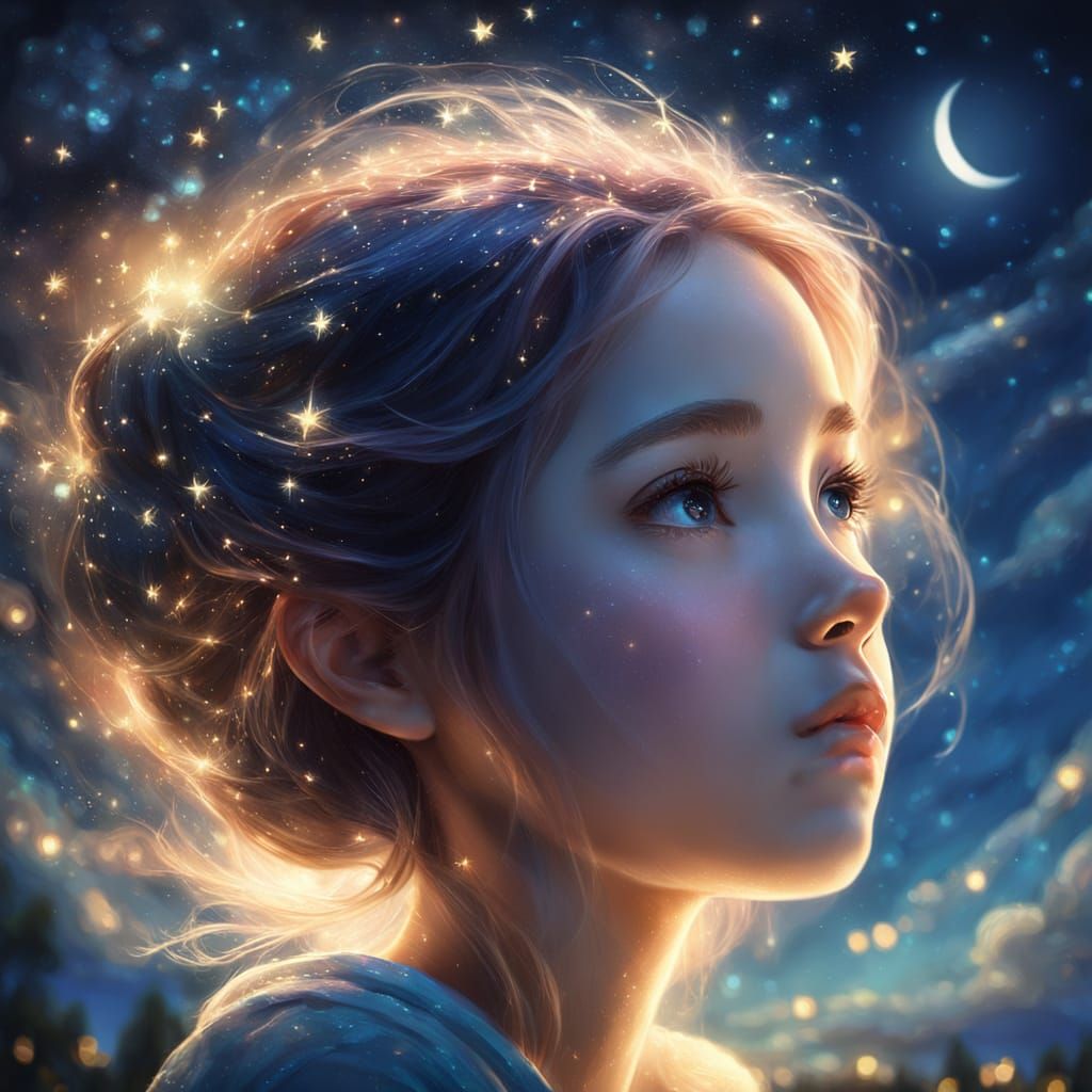 Girl Staring at Moonlit Sky as Vibrant Oil Painting