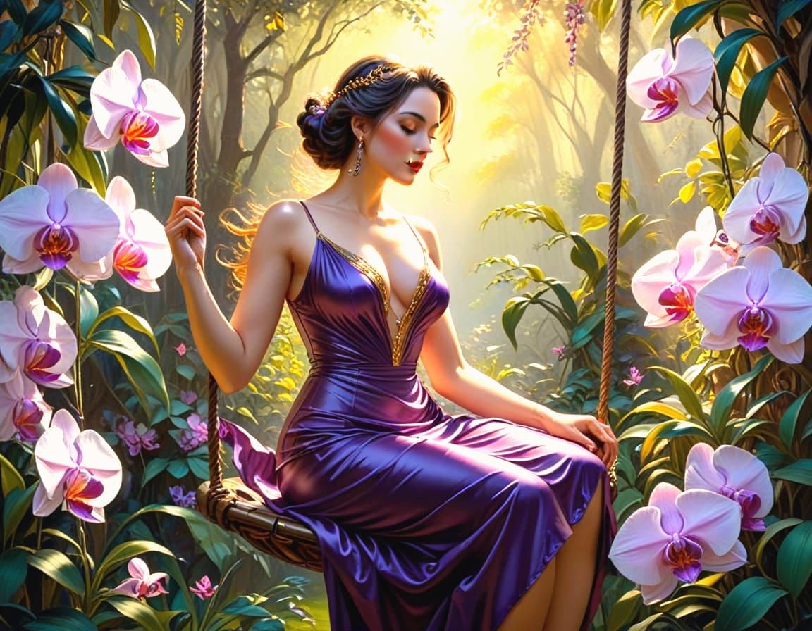 Plump Lady on Swing Amidst Orchids and Foliage