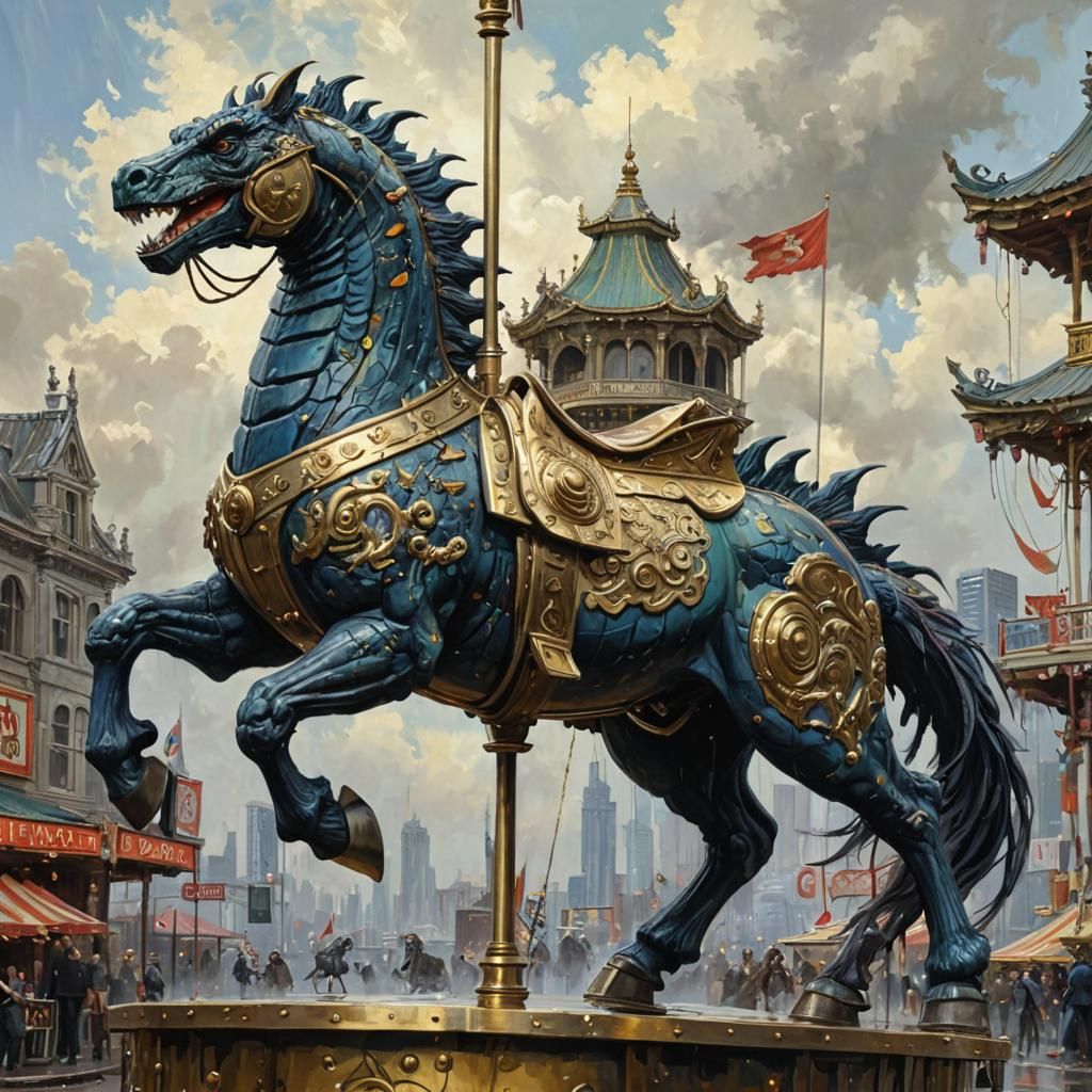 Whimsical Godzilla Carousel Horse in Surreal Oil Painting