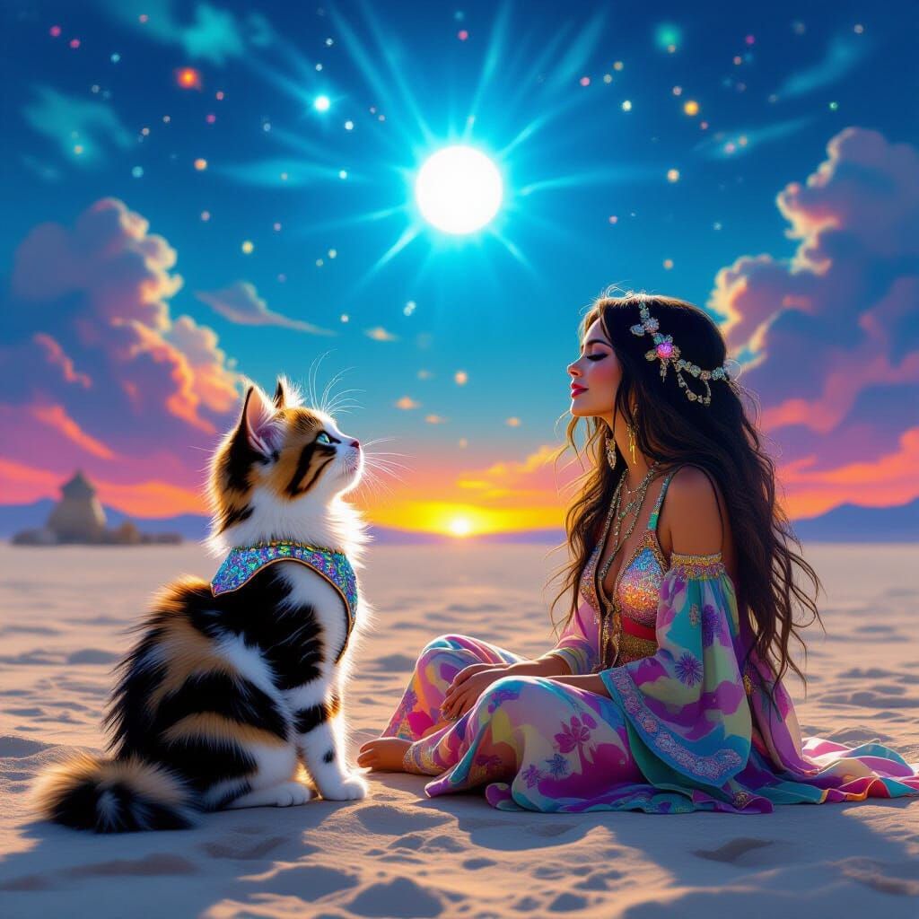 Kitten and Singer Under Blue Sun on Playa