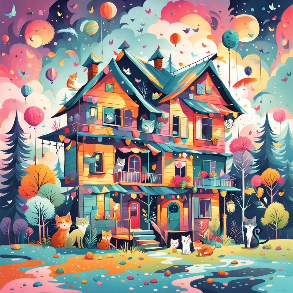 Cats and Feathers in Colorful Scene