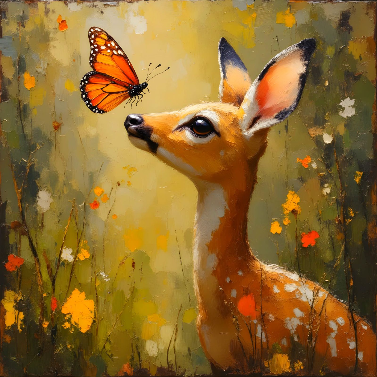 Dreamy Fawn Portrait with Butterfly in Impasto Style