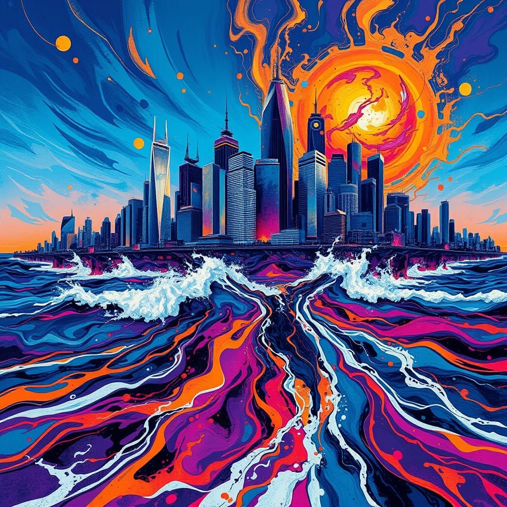 Dystopian Metropolis Melts into Oceanic Abyss in Vibrant Abs...