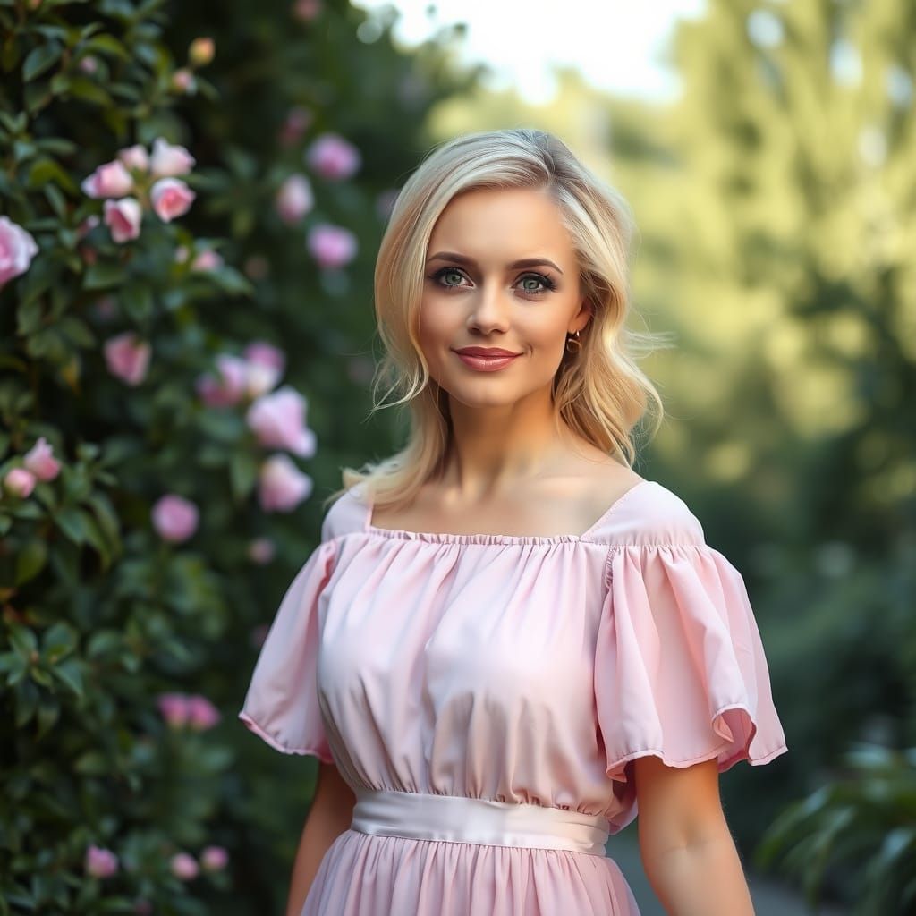 Blonde Woman in Elegant Pink Gown Amidst Lush Green Nature