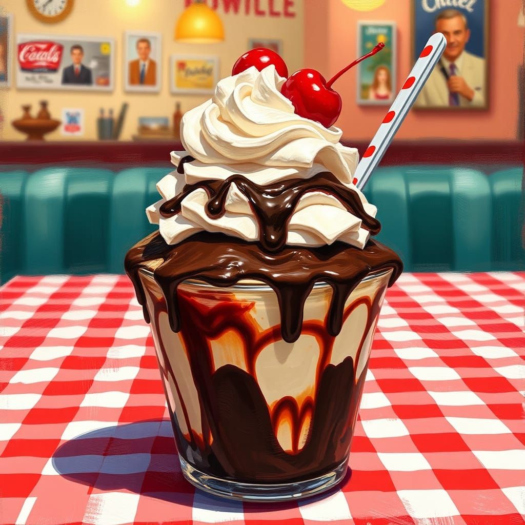 Nostalgic Hot Fudge Sundae in Rockwell Style