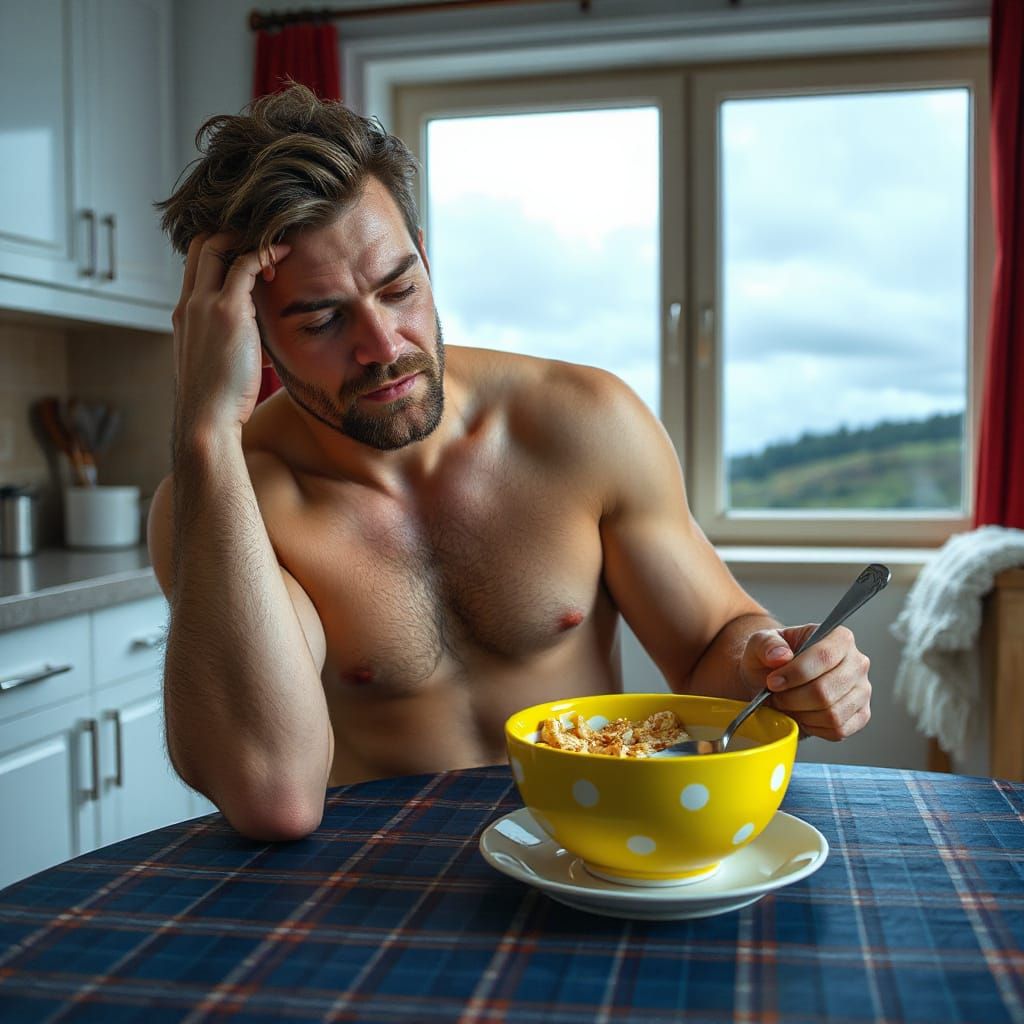 Sleepy Man Eating Cornflakes in 3D Cinematic Style