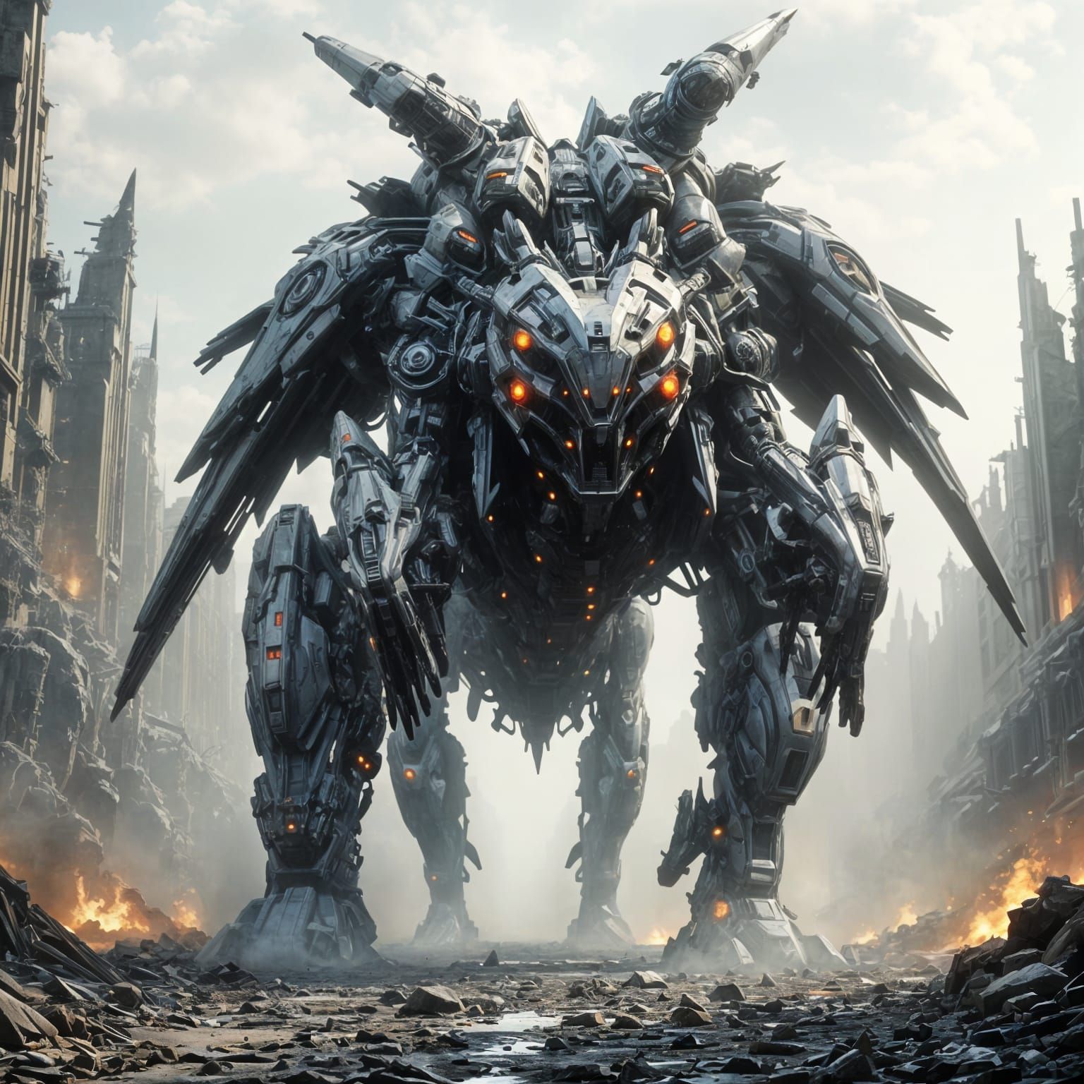 Gigantic Mecha Beast Battles in Post-Apocalyptic Cityscape