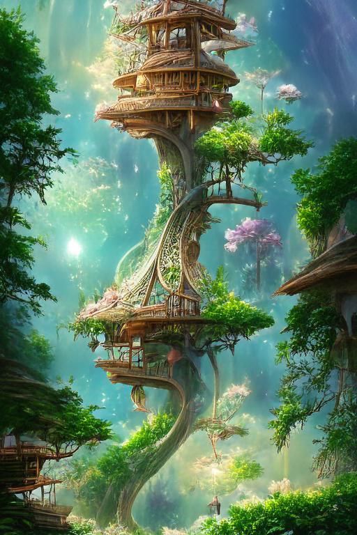 Magical Treehouse Village: Elven Sci-Fi Concept Art