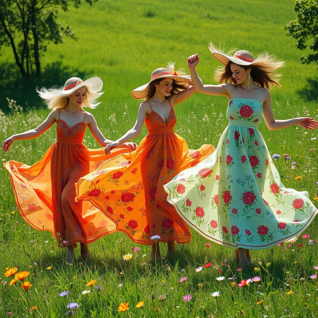Women Dancing in a Whimsical Meadow