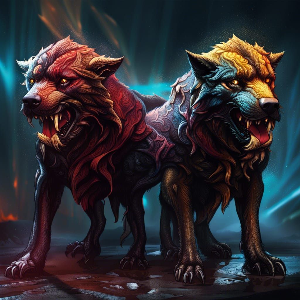 Hyperrealistic Cerberus Splash Art: Dramatic Lighting