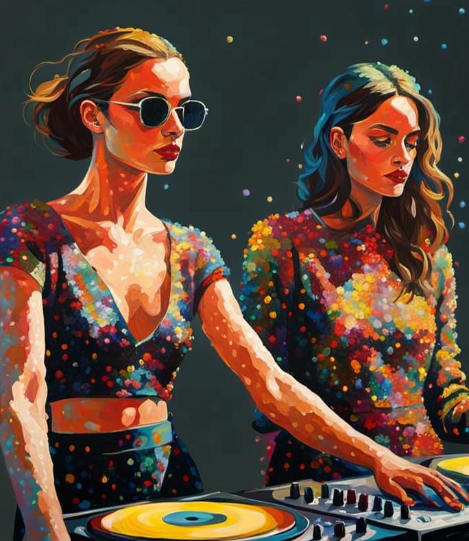 Couture Model on Festival DJ Booth as Pointillist Oil Painti...