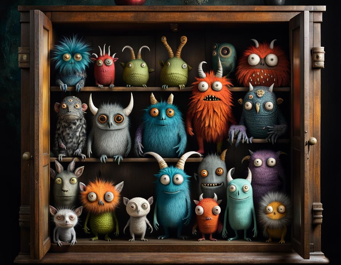 Cute Monsters in Whimsical Cabinet of Curiosities