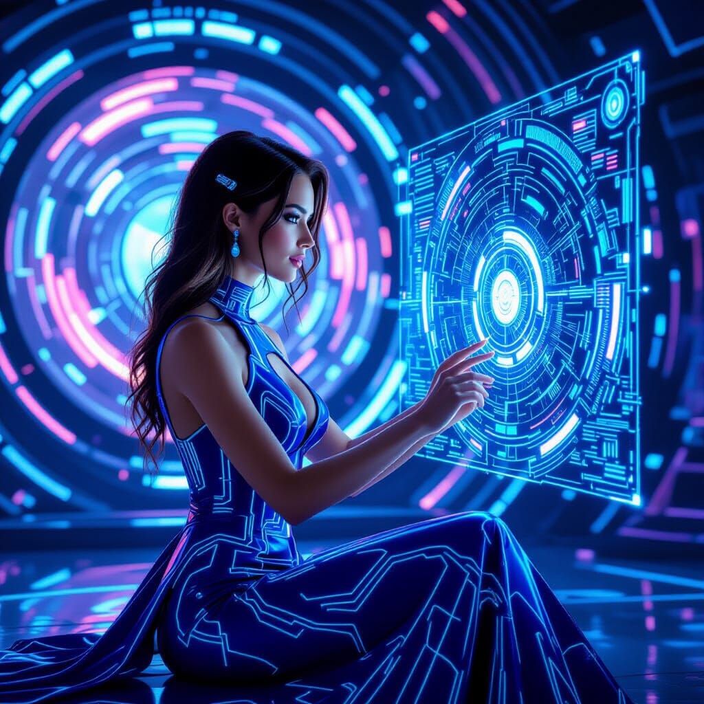 Cortana in Futuristic Scene with Holographic Display