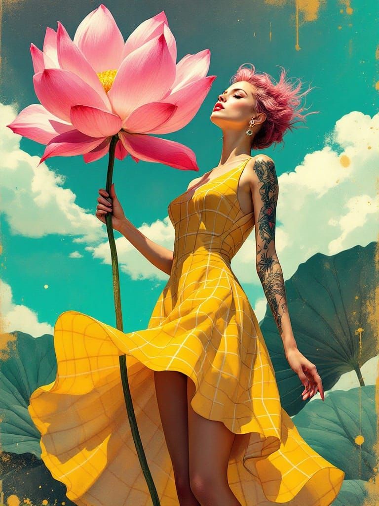 Woman with Lotus Flower in Art Deco Style