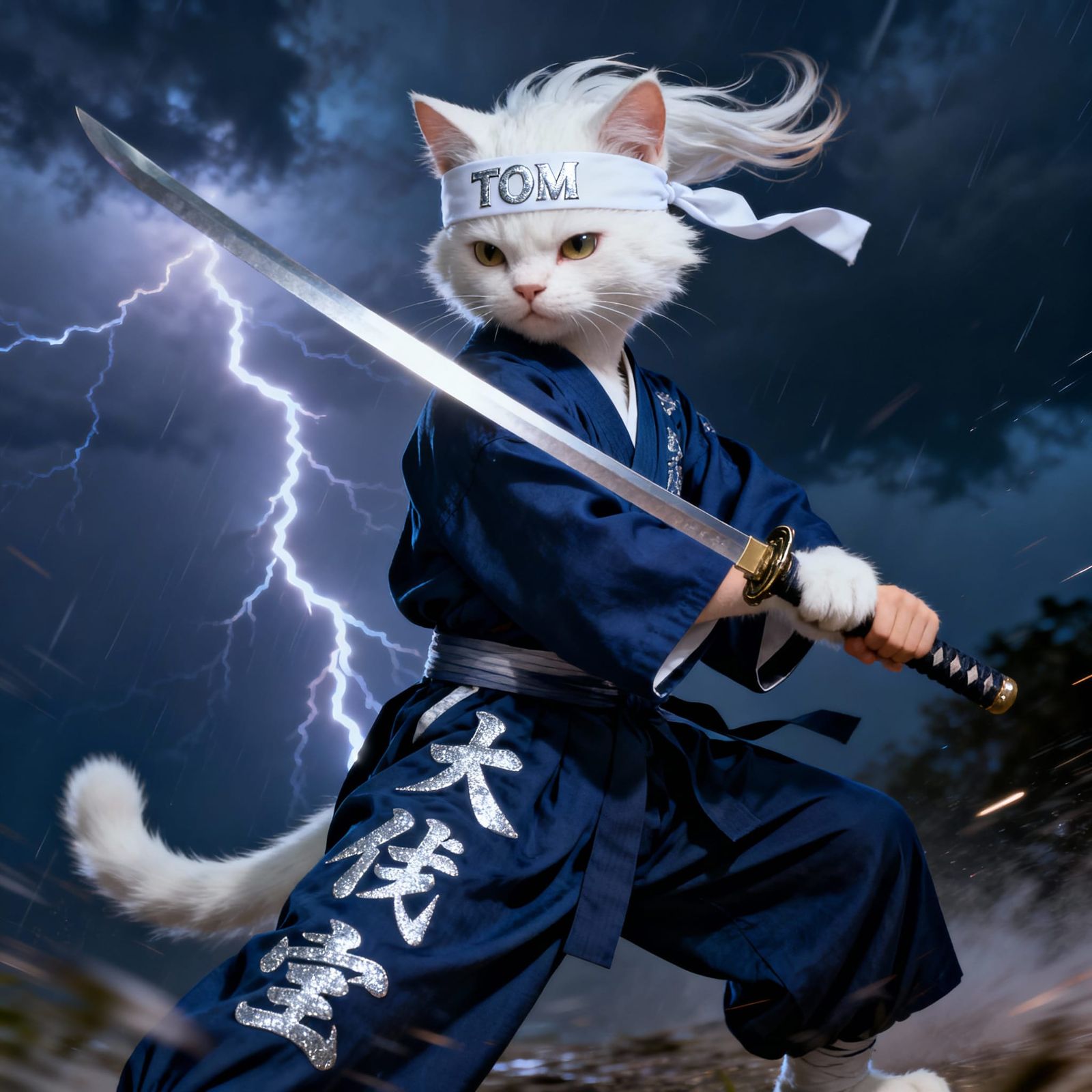 White Cat Boy Tom in Dynamic Pose with Katana